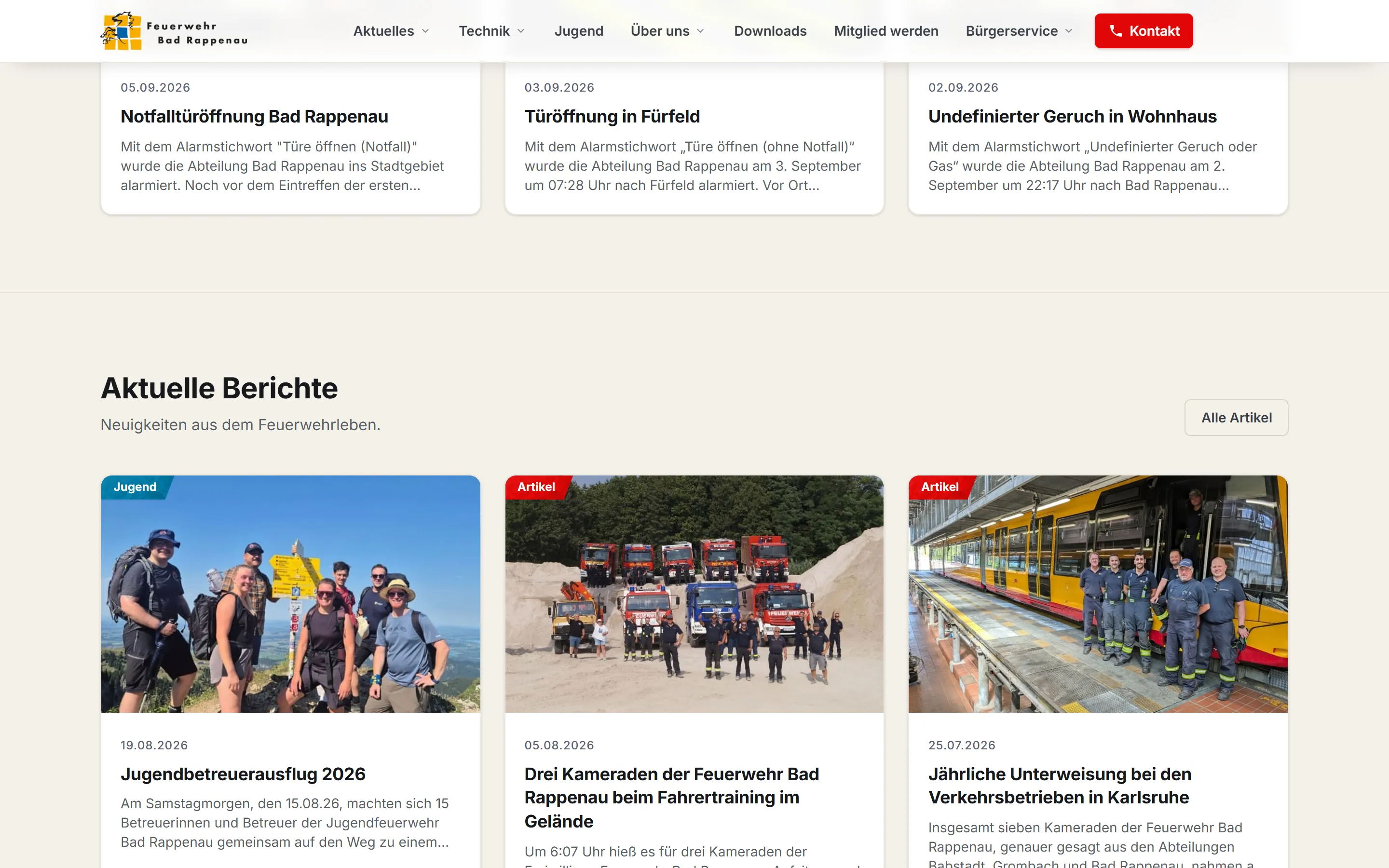 Statistik- und Inhaltsbereich der Feuerwehr-Website mit Einsatzzahlen