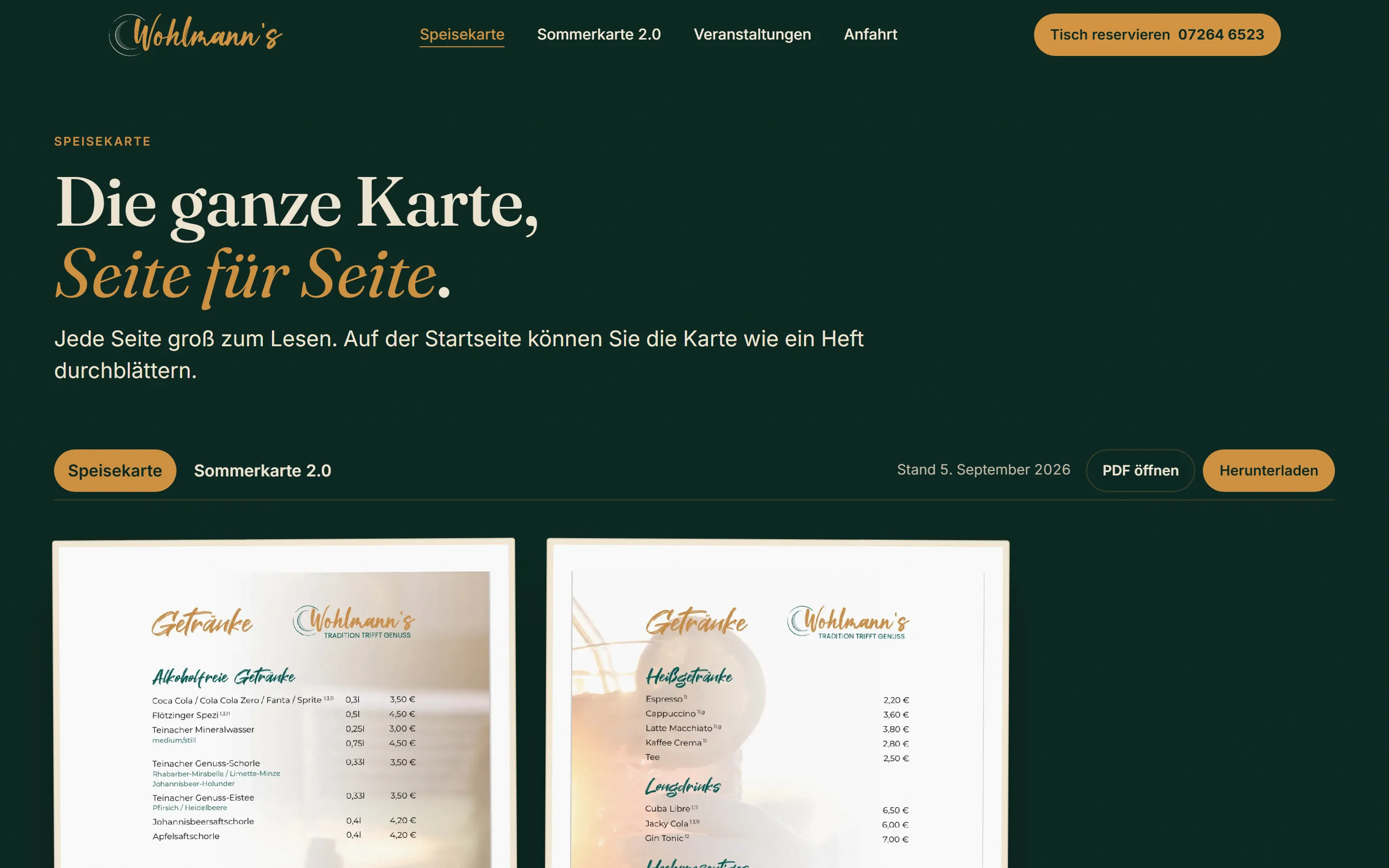 Speisekarte auf der Wohlmann's-Website: die Seiten der Karte groß im Browser