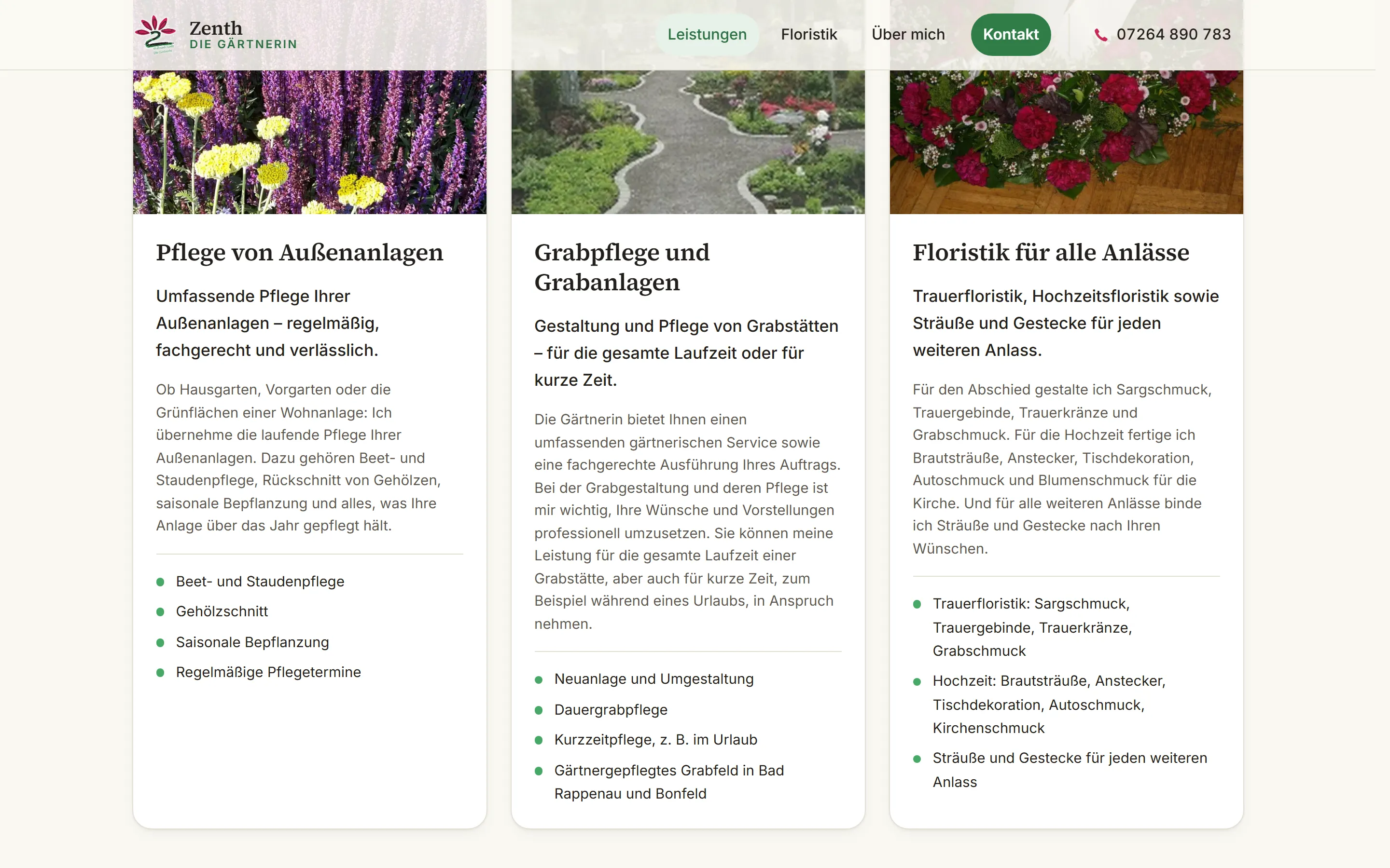Leistungsbereich der Zenth-Website mit drei Karten: Außenanlagen, Grabpflege, Floristik