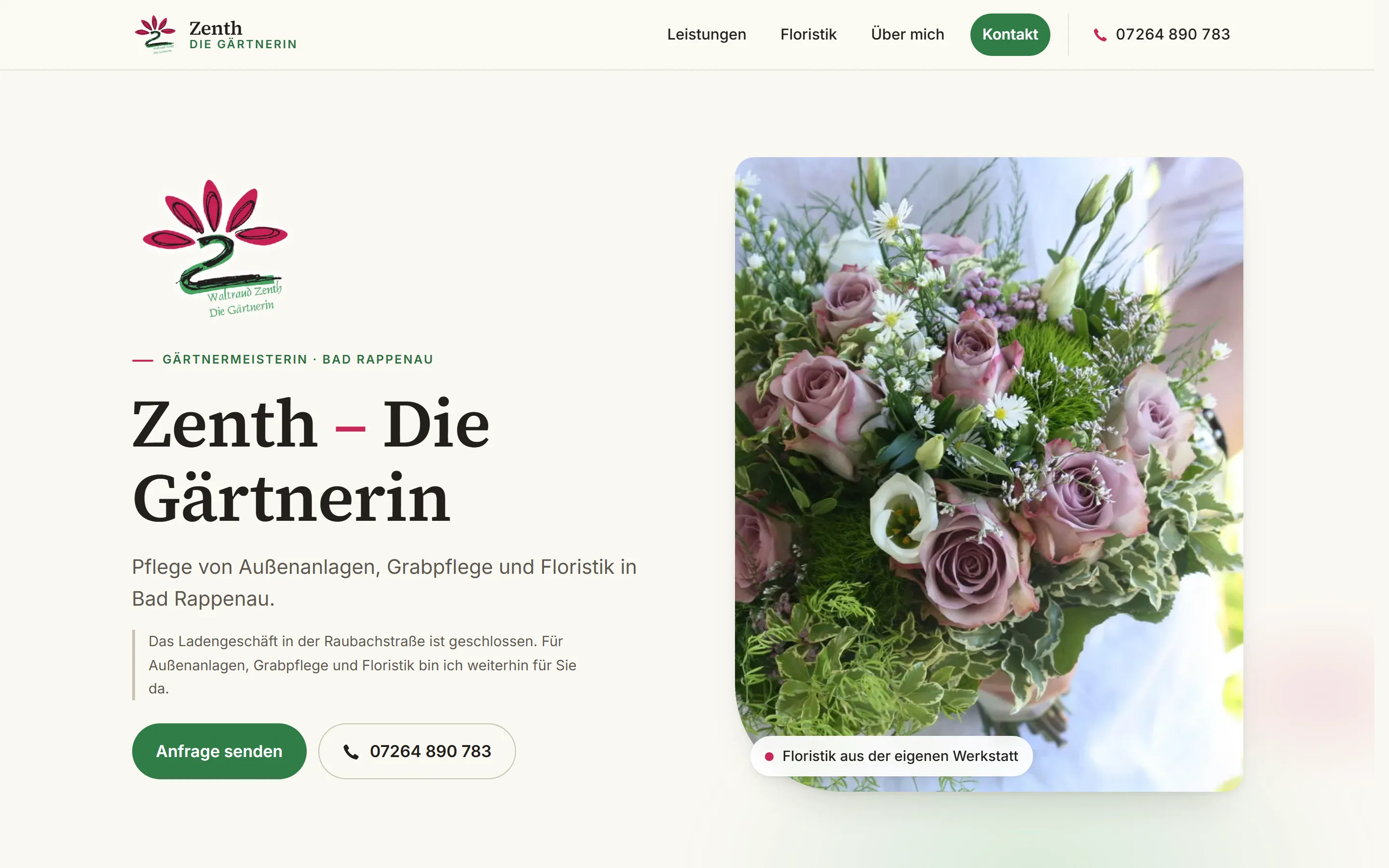 Startseite von Zenth, Die Gärtnerin in der Desktop-Ansicht
